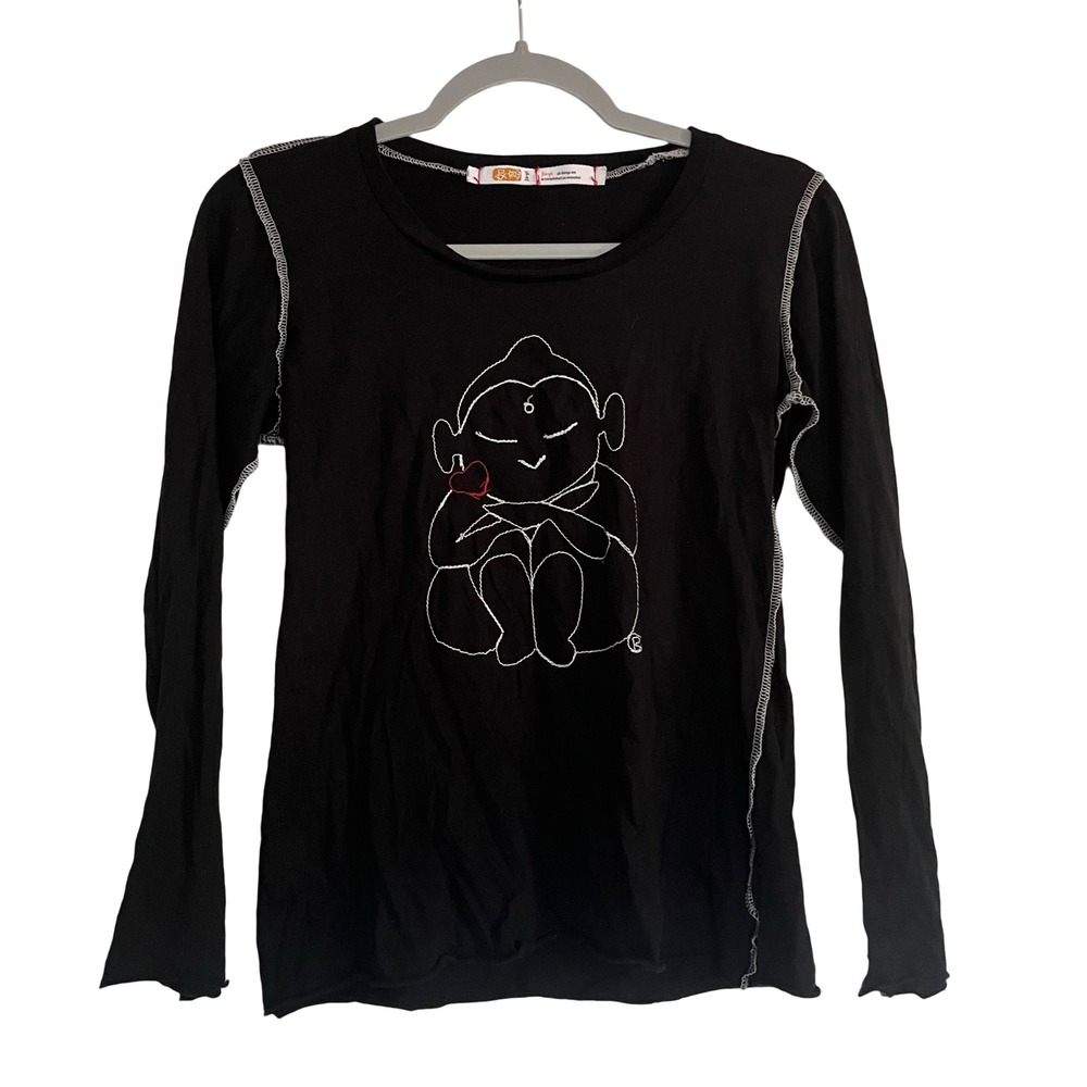 Ju-yi Graphic Long Sleeve Top Women Small Black Contrast Stitch Zen Buddah Tee